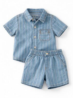 NWT Cat & Jack Toddler Boys Striped Denim Set 2PC Shirt & Shorts Blue Cotton